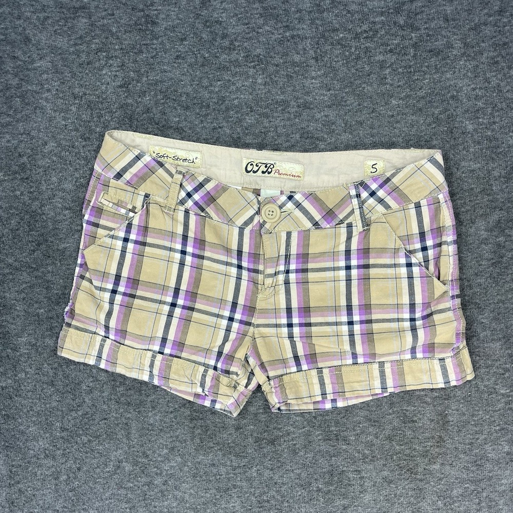 Y2K OTB Premium Shorts Women's Juniors 5 Purple Khaki Plaid Low Rise 2.5" Inseam